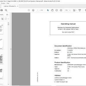 Liebherr A 944 C HD Litronic Pick & Carry 196 Machine for Industrial Operating Manual SN 56527 - PDF DOWNLOAD