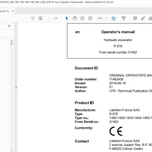 Liebherr A 976 1360 1402 1403 1404 1460 1461 Hydraulic Excavator Operator's Manual SN 37462 - PDF DOWNLOAD