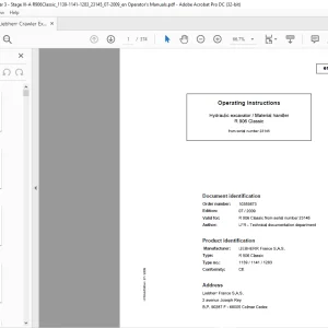 Liebherr Hydraulic excavator / Material handler R 906 Classic Operating instructions Manual SN23145  - PDF DOWNLOAD