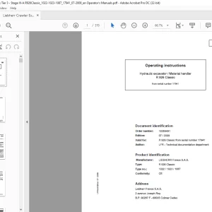 Liebherr Hydraulic excavator / Material handler R 926 Classic Operating instructions Manual SN17941   -  PDF DOWNLOAD