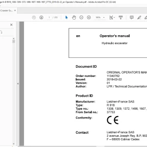 Liebherr Hydraulic excavator R 918 1308 1309 1372 1496 1607 1689 1697 Operator's manual 37753 - PDF DOWNLOAD