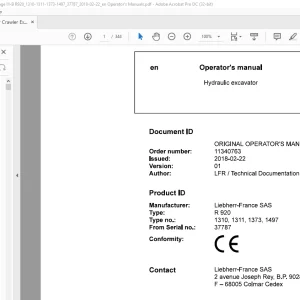Liebherr Hydraulic excavator R 920 1310, 1311 , 1373, 1497 Operator's manual SN37787 - PDF DOWNLOAD