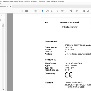 Liebherr Hydraulic excavator R 926 Compact 1298, 1299 Operating manual SN38130  - PDF DOWNLOAD