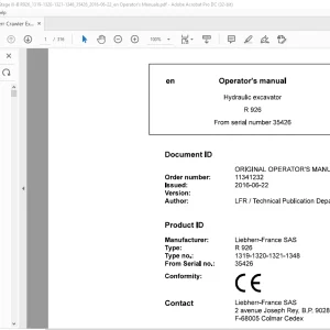 Liebherr Hydraulic excavator R 926 Operator's manual 35426 - PDF DOWNLOAD
