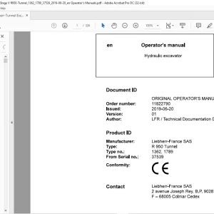 Liebherr Hydraulic excavator R 950 Tunnel 1362 1789 Operating manual SN37539 -  PDF DOWNLOAD
