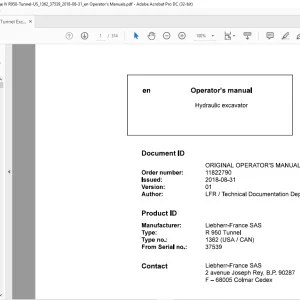 Liebherr Hydraulic excavator R 950 Tunnel 1362 (USA  CAN) Operating manual SN37539 -  PDF DOWNLOAD