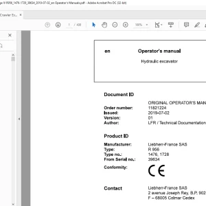 Liebherr Hydraulic excavator R 956 1476, 1728 Operator's manual  - PFD DOWNLOAD