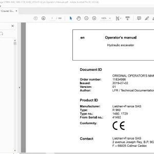Liebherr Hydraulic excavator R 960 1480, 1729 Operator's manual 41492 -  PDF DOWNLOAD