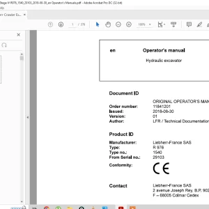 Liebherr Hydraulic excavator R 976 Operator's manual 29103 - PDF DOWNLOAD
