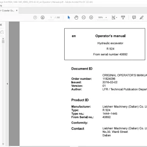 Liebherr Hydraulic excavator R924 Operator's manual SN40692 - PDF DOWNLOAD