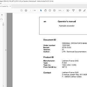 Liebherr Hydraulic excavator R934  1550 (USA  CAN) Operating manual SN48712 -  PDF DOWNLOAD