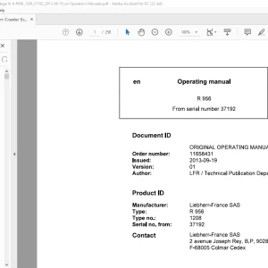 Liebherr Hydraulic excavator R956 Operator's manual SN37192 -  PDF DOWNLOAD