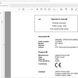 Liebherr Hydraulic excavator R 960 Tunnel - 1638 Operating manual SN43329  - PDF DOWNLOAD