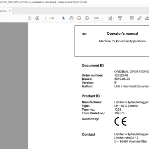 Liebherr LH 110 C Litronic 1228 Machine for Industrial Applications Operator's Manual SN 102573 - PDF DOWNLOAD