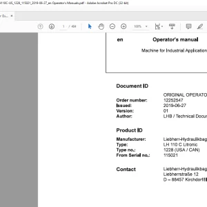 Liebherr LH 110 C Litronic 1228 (USA / CAN) Machine for Industrial Applications Operator's Manual SN 115021 - PDF