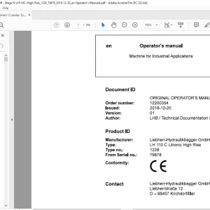 Liebherr LH 110 C Litronic High Rise 1228 Machine for Industrial Applications Operator's Manual SN 79878 - PDF DOWNLOAD