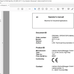 Liebherr LH 110 M Litronic High Rise 1227 Machine for Industrial Applications Operator's Manual SN 89567 - PDF DOWNLOAD