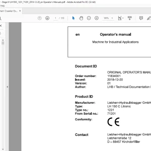 Liebherr LH 150 C Litronic 1231 Machine for Industrial Applications Operator's Manual SN 71201 - PDF DOWNLOAD