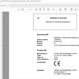 Liebherr LH 150 EC Litronic Gantry 1229 Machine for Industrial Applications Operator's Manual SN 80821 - PDF DOWNLOAD