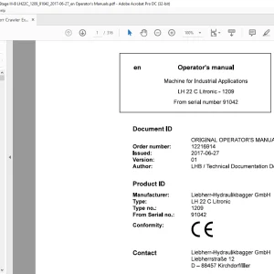 Liebherr LH 22 C Litronic 1209 Machine for Industrial Operator's Manual SN 91042 - PDF DOWNLOAD