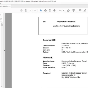 Liebherr LH 22 C Litronic 1209 (USA / CAN) Machine for Industrial Operator's Manual SN 91042 - PDF DOWNLOAD