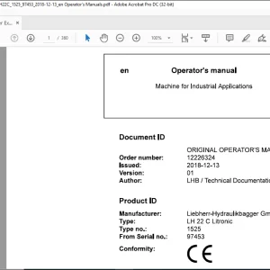 Liebherr LH 22 C Litronic 1525 Machine For Industrial Operator's Manual SN 97453 - PDF DOWNLOAD