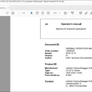 Liebherr LH 22 C Litronic 1525 (USA / CAN) Machine For Industrial Operator's Manual SN 97453 - PDF DOWNLOAD