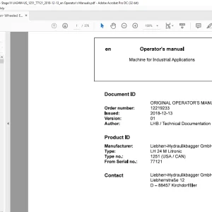 Liebherr LH 24 M Litronic 1251 (USA / CAN) Machine for Industrial Applications Operator's Manual SN 77121 - PDF DOWNLOAD