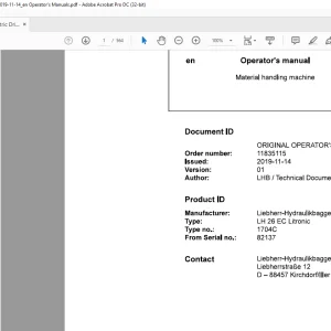 Liebherr LH 26 EC Litronic 1704C Material Handling Machine Operator's Manual SN 82137 - PDF DOWNLOAD