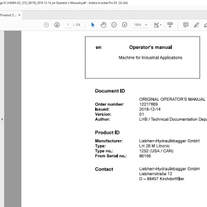 Liebherr LH 26 M Litronic 1252 (USA / CAN) Machine for Industrial Applications Operator's Manual SN 86156 - PDF DOWNLOAD