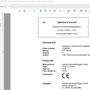 Liebherr LH 30 C Litronic 1210 Machine for Industrial Operator's Manual SN 73122 - PDF DOWNLOAD