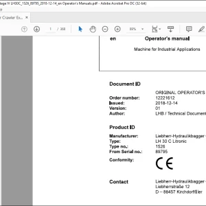 Liebherr LH 30 C Litronic 1526 Machine For Industrial Operator's Manual SN 89795 - PDF DOWNLOAD