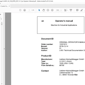 Liebherr LH 30 C Litronic 1526 (USA / CAN) Machine for Industrial Applications Operator's Manual SN 89795 - PDF DOWNLOAD