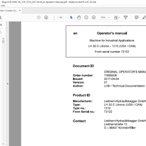 Liebherr LH 30 C Litronic (USA / CAN) 1210 Machine for Industrial Applications Operator's Manual SN 73122 - PDF DOWNLOAD