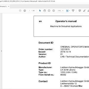 Liebherr LH 30 M Litronic 1253 (USA / CAN) Machine for Industrial Applications Operator's Manual SN 89392 - PDF DOWNLOAD