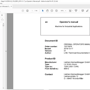 Liebherr LH 35 M Litronic 1254 (USA / CAN) Machine for Industrial Applications Operator's Manual SN 89912 - PDF DOWNLOAD