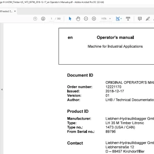 Liebherr LH 35 M Timber Litronic 1473 (USA / CAN) Machine for Industrial Applications Operator's Manual SN 89796 - PDF DOWNLOAD