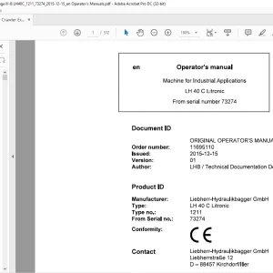 Liebherr LH 40 C Litronic 1211 Machine for Industrial Applications Operator's Manual SN 73274 - PDF DOWNLOAD