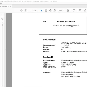 Liebherr LH 50 M Litronic 1203 (USA / CAN) Machine for Industrial Operator's Manual SN 89397 - PDF DOWNLOAD