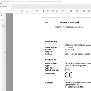 Liebherr LH 50 M Litronic High Rise 1216 Machine for Industrial Applications Operator's Manual SN 89799 - PDF DOWNLOAD