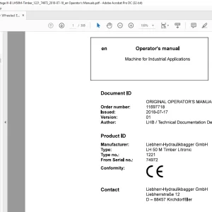 Liebherr LH 50 M Timber Litronic 1221 Machine for Industrial Operator's Manual SN 74972 - PDF DOWNLOAD