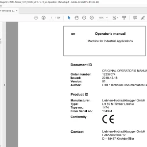 Liebherr LH 50 M Timber Litronic 1474 Machine for Industrial Applications Operator's Manual SN 104394 - PDF DOWNLOAD