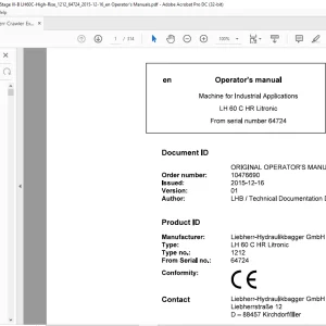 Liebherr LH 60 C HR Litronic 1212 Machine for Industrial Operator's Manual SN 64724 - PDF DOWNLOAD