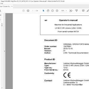 Liebherr LH 60 C HR Litronic (USA / CAN) 1212 Machine for Industrial Applications Operator's Manual SN 64724 - PDF DOWNLOAD
