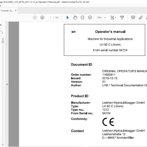 Liebherr LH 60 C Litronic 1212 Machine for Industrial Operator's Manual SN 64724 - PDF DOWNLOAD