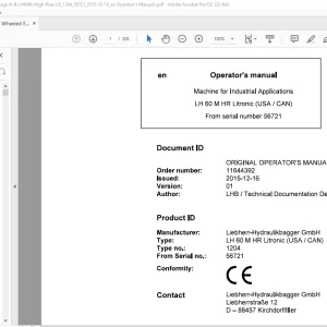 Liebherr LH 60 M HR Litronic (USA / CAN) 1204 Machine for Industrial Operator's Manual SN 56721 - PDF DOWNLOAD