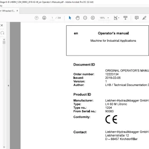 Liebherr LH 60 M Litronic 1204 Machine for Industrial Applications Operator's Manual SN 90083 - PDF DOWNLOAD