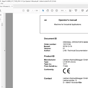 Liebherr LH 60 M Litronic 1217 Machine for Industrial Applications Operator's Manual SN 71365 - PDF DOWNLOAD