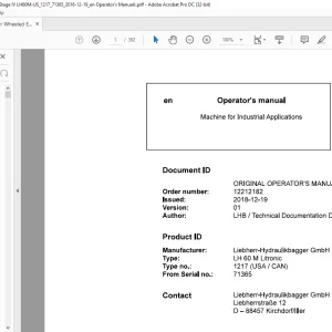Liebherr LH 60 M Litronic 1217 (USA / CAN) Machine for Industrial Applications Operator's Manual SN 71365 - PDF DOWNLOAD