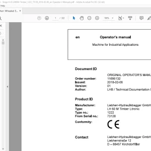 Liebherr LH 60 M Timber Litronic 1222 Machine for Industrial Operator's Manual SN 73128 - PDF DOWNLOAD